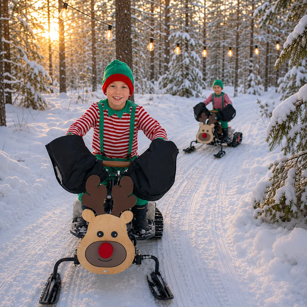 Mini-motoneiges enfants Rudolf dans la forêt enneigée de Santa Forest à Rovaniemi