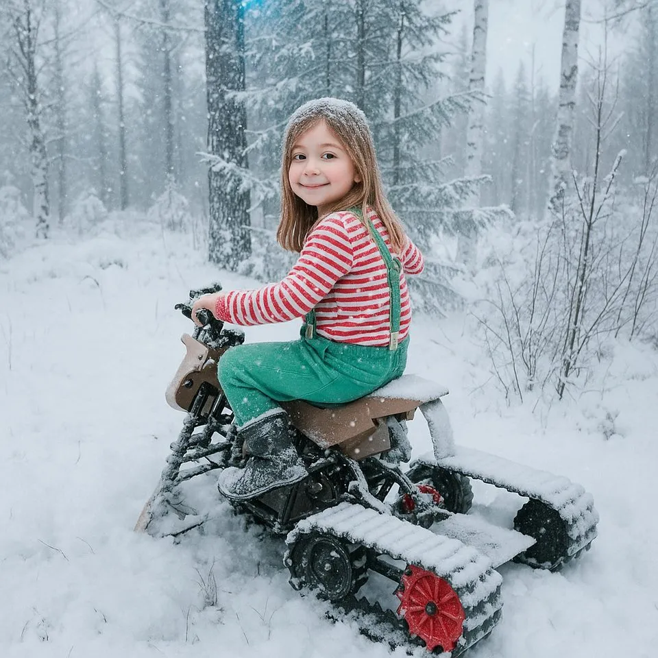 Enfant sur un renne électrique à Santa Forest, Rovaniemi, en Laponie finlandaise.