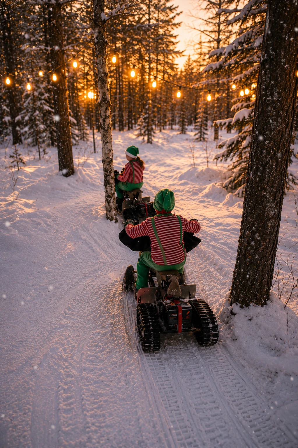 Sentier enneigé illuminé pour activité enfant à Rovaniemi en Laponie