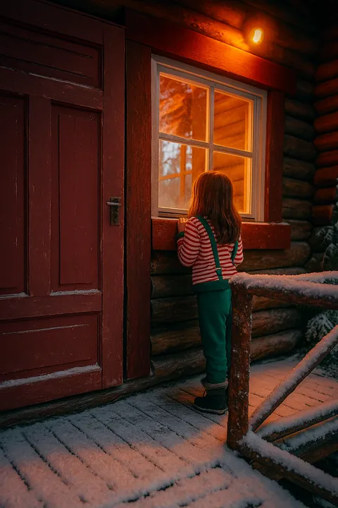 Une enfant émerveillée regarde par la fenêtre illuminée d'une cabane en bois enneigée à Santa Forest, près de Rovaniemi, où l'on peut rencontrer gratuitement le Père Noël dans une atmosphère authentique de Laponie.